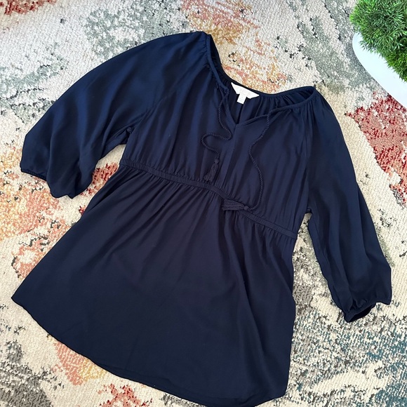 A:Glow Maternity Women’s Navy Blue Rayon Blouse Tassel Strings Size Small - Picture 11 of 12